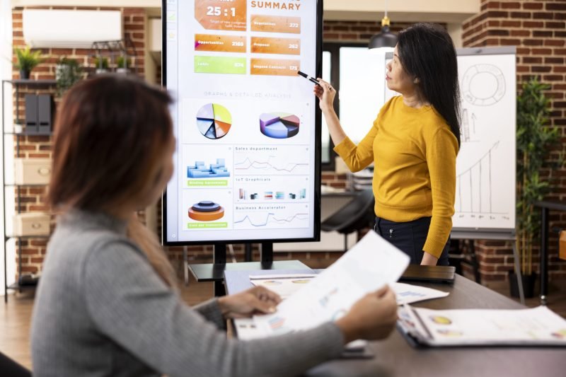 Woman wearing yellow pullover stands near digital monitor, presenting financial graphs during meeting with coworker. Female team leader pointing to screen with a pen, training her employee at desk.